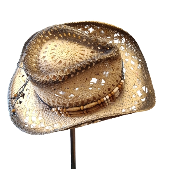 CLEARANCE SALE!! Woven Tan Western Hat with Beaded Band - Picture 5 of 6